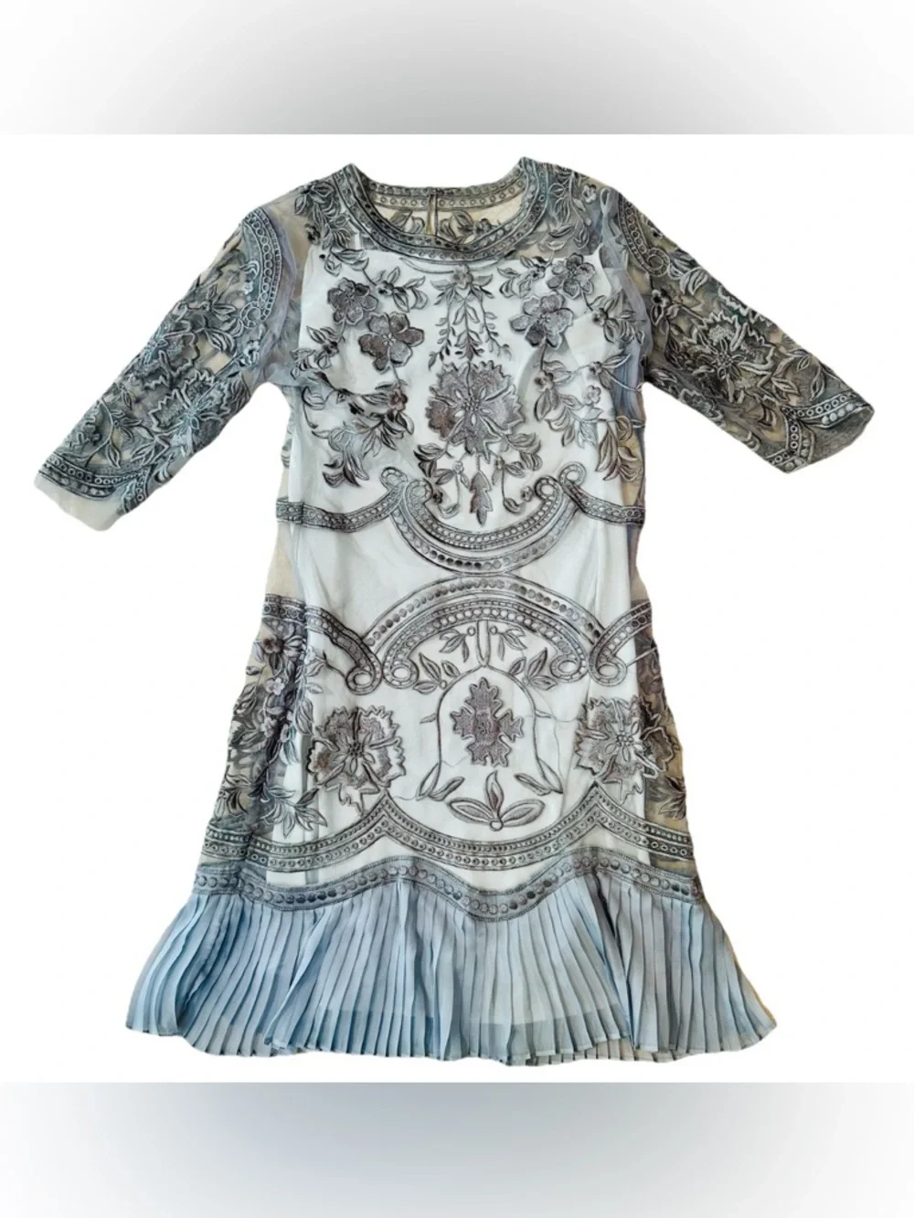 Silver Floral Embroidered Sheer Midi Dress satin Slip Sz S Ruffled Hem Wedding